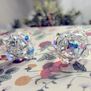 Vintage Earrings Aurora Borealis faceted crystal, wired beads, Silver clip-ons.
